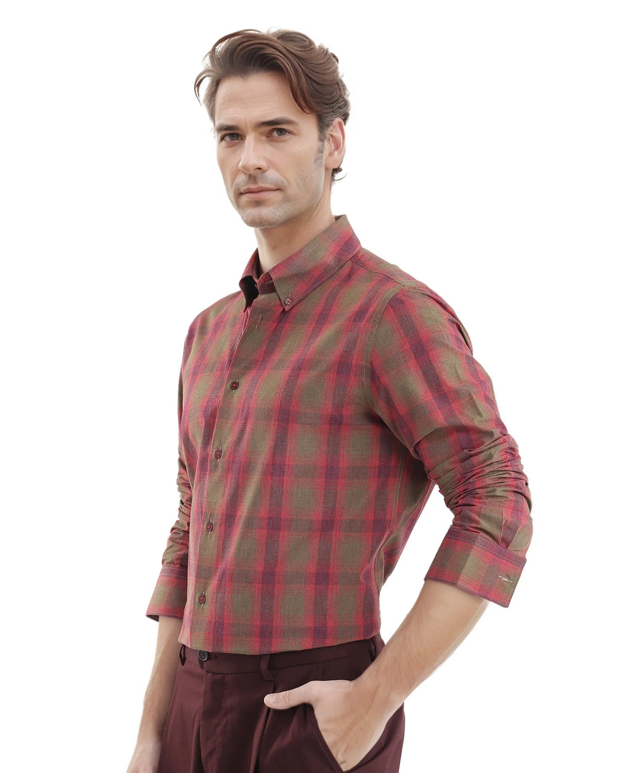 Rare Rabbit Men's Rudo Red Cotton Checked Print Regular Fit Full Sleeve Collared Shirt