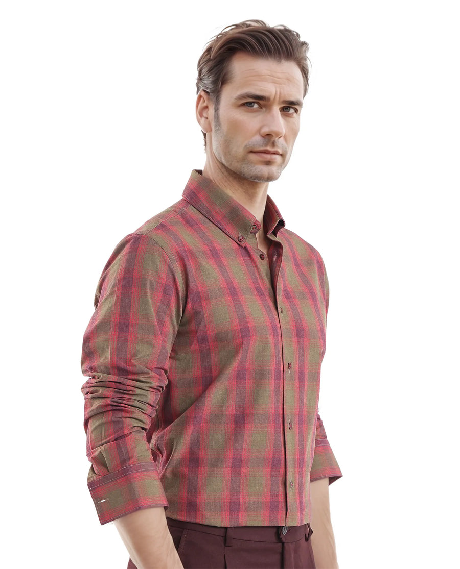 Rare Rabbit Men's Rudo Red Cotton Checked Print Regular Fit Full Sleeve Collared Shirt