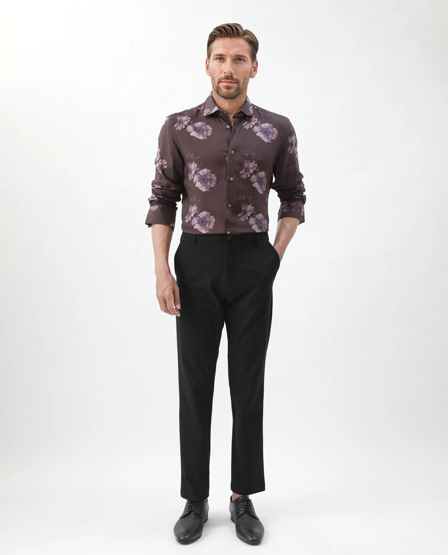 Rare Rabbit Men's Ruds Brown Viscose Floral Print Regular Fit Full Sleeve Collared Shirt