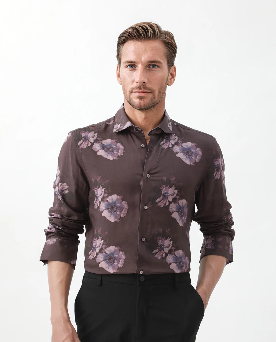 Rare Rabbit Men's Ruds Brown Viscose Floral Print Regular Fit Full Sleeve Collared Shirt