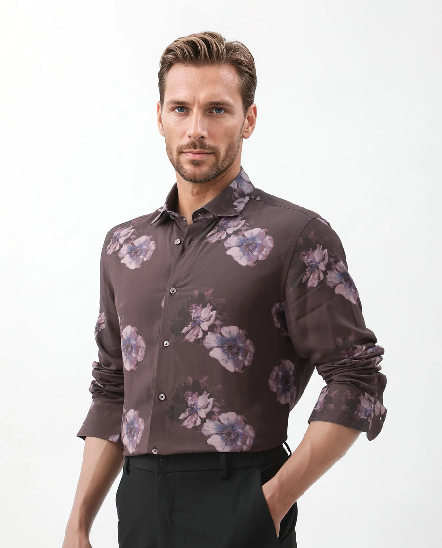 Rare Rabbit Men's Ruds Brown Viscose Floral Print Regular Fit Full Sleeve Collared Shirt