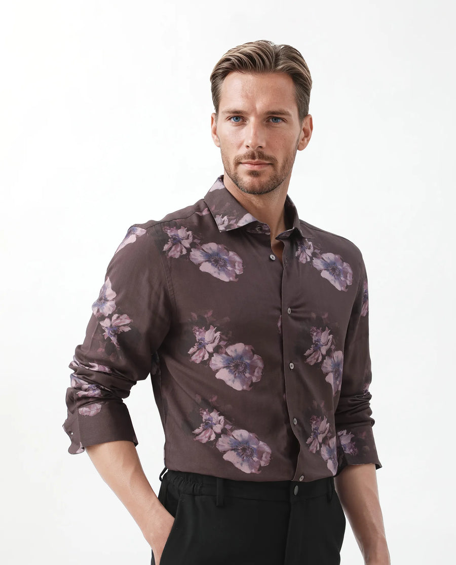 Rare Rabbit Men's Ruds Brown Viscose Floral Print Regular Fit Full Sleeve Collared Shirt