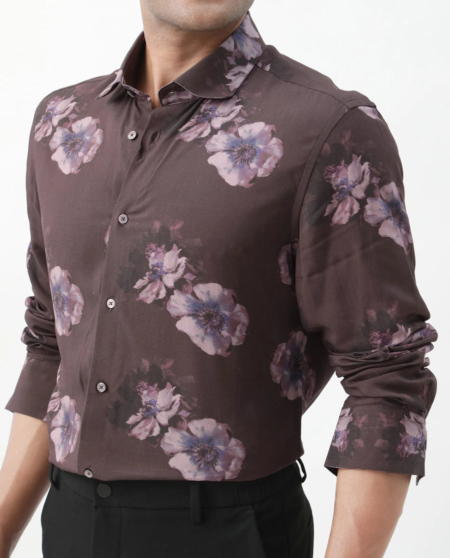 Rare Rabbit Men's Ruds Brown Viscose Floral Print Regular Fit Full Sleeve Collared Shirt