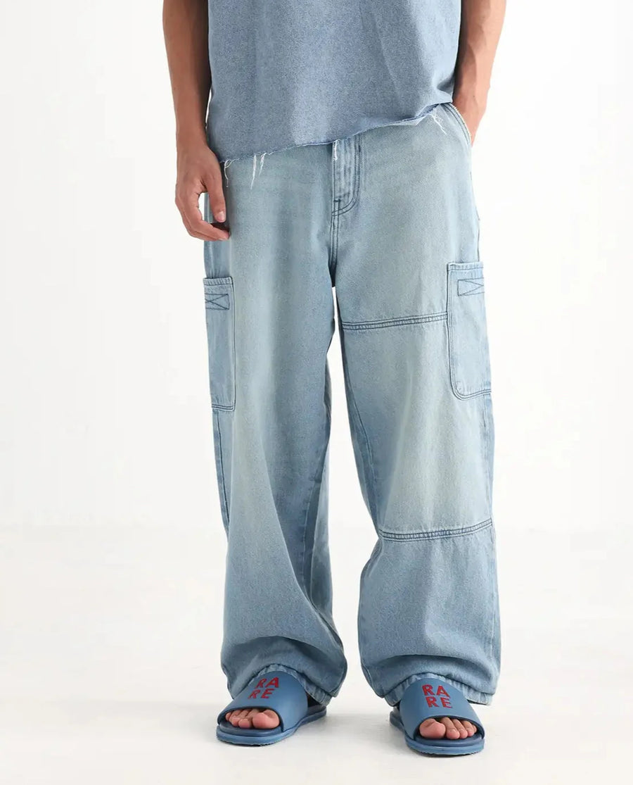 Rare Rabbit Men's Ruei Light Blue Cotton Plain Baggy Fit Jeans