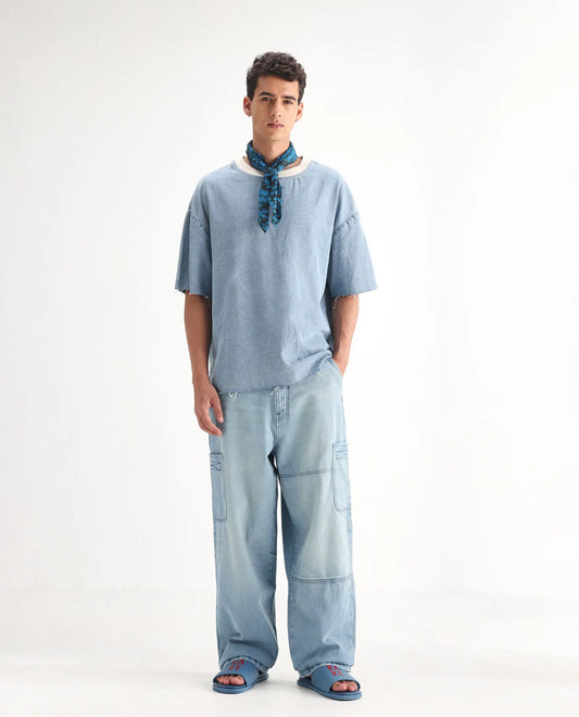 Rare Rabbit Men's Ruei Light Blue Cotton Plain Baggy Fit Jeans