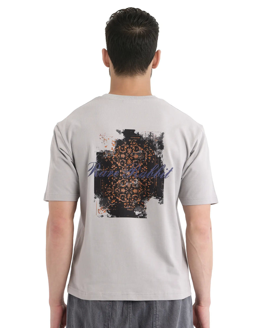 Rare Rabbit Men's Rugy Grey Cotton Graphic Print Qlo Fit Half Sleeve Crew Neck T-Shirt
