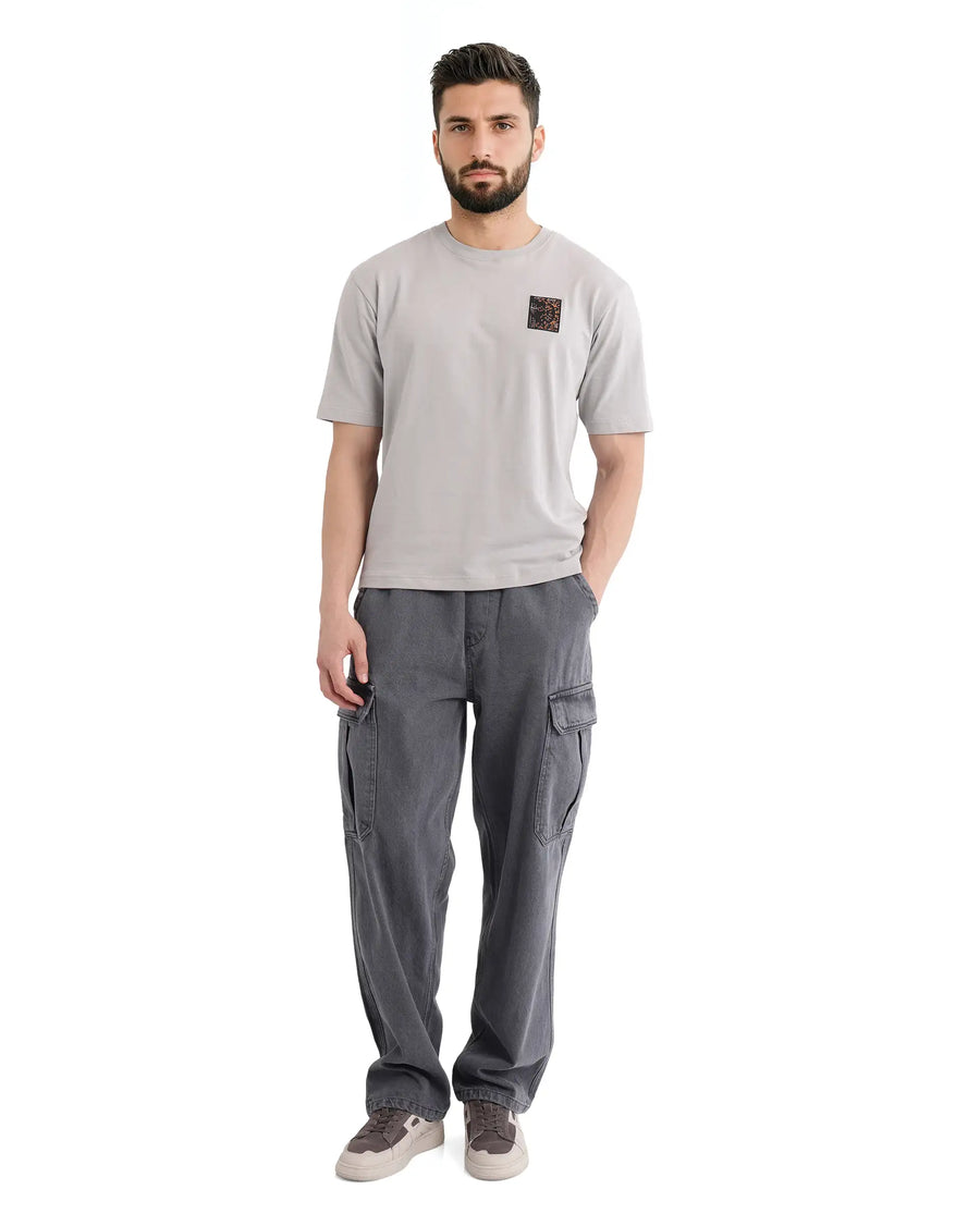 Rare Rabbit Men's Rugy Grey Cotton Graphic Print Qlo Fit Half Sleeve Crew Neck T-Shirt