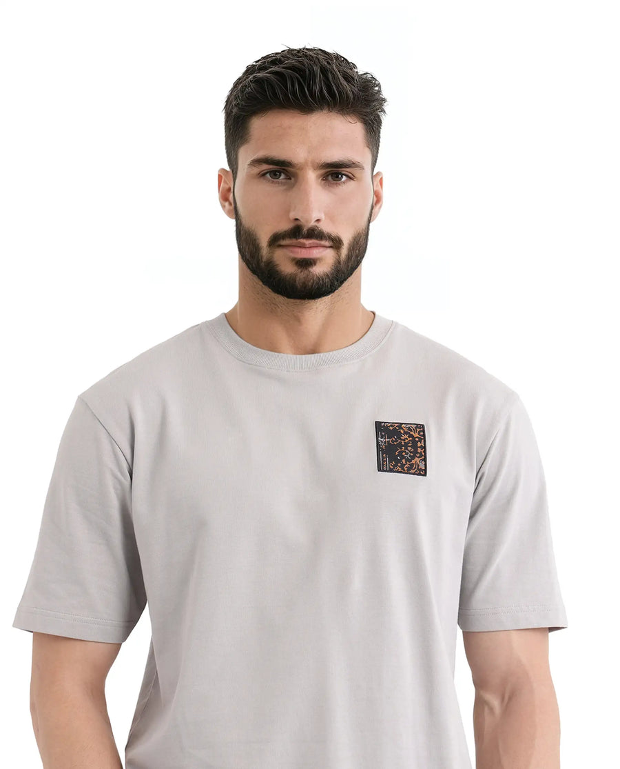 Rare Rabbit Men's Rugy Grey Cotton Graphic Print Qlo Fit Half Sleeve Crew Neck T-Shirt