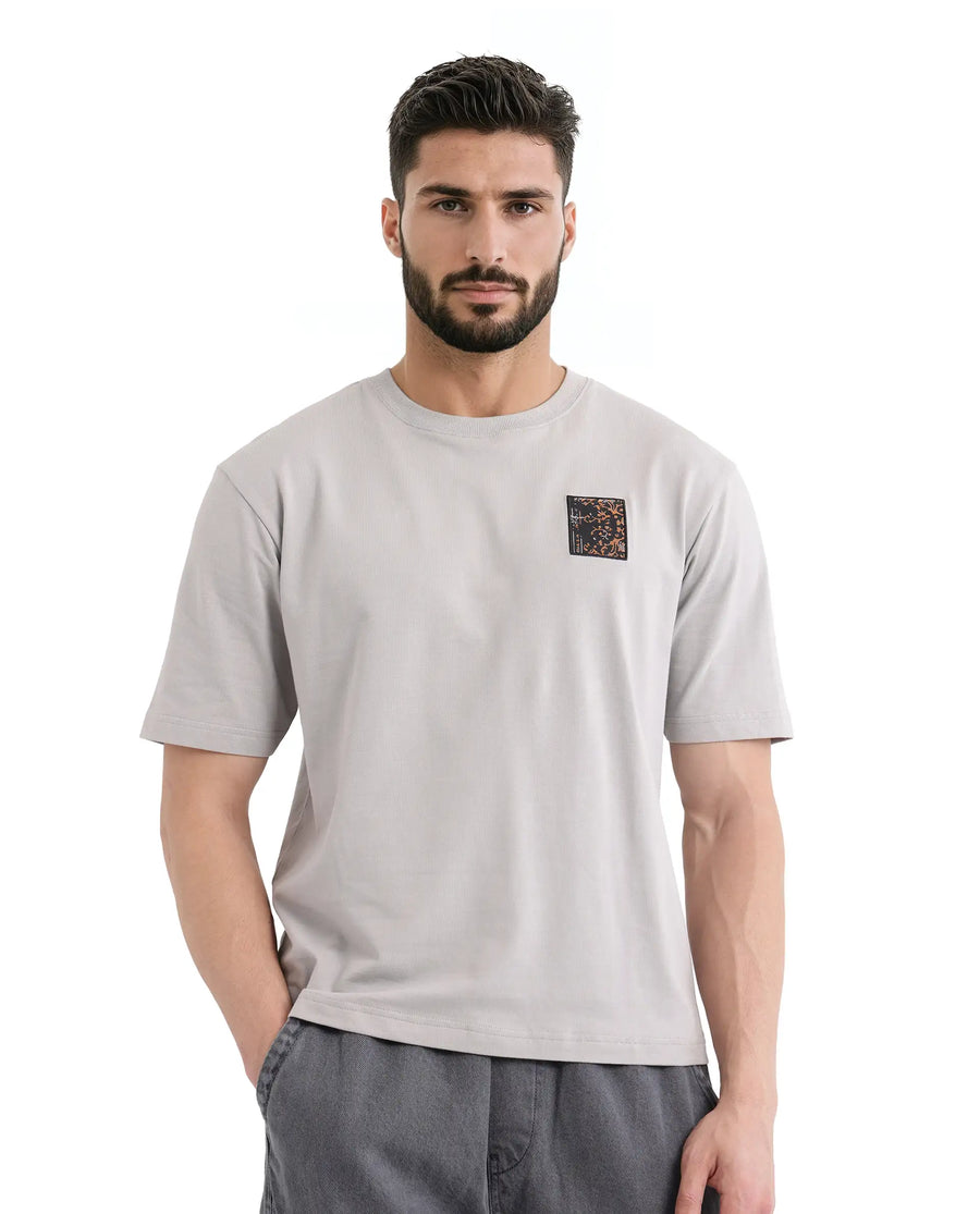 Rare Rabbit Men's Rugy Grey Cotton Graphic Print Qlo Fit Half Sleeve Crew Neck T-Shirt