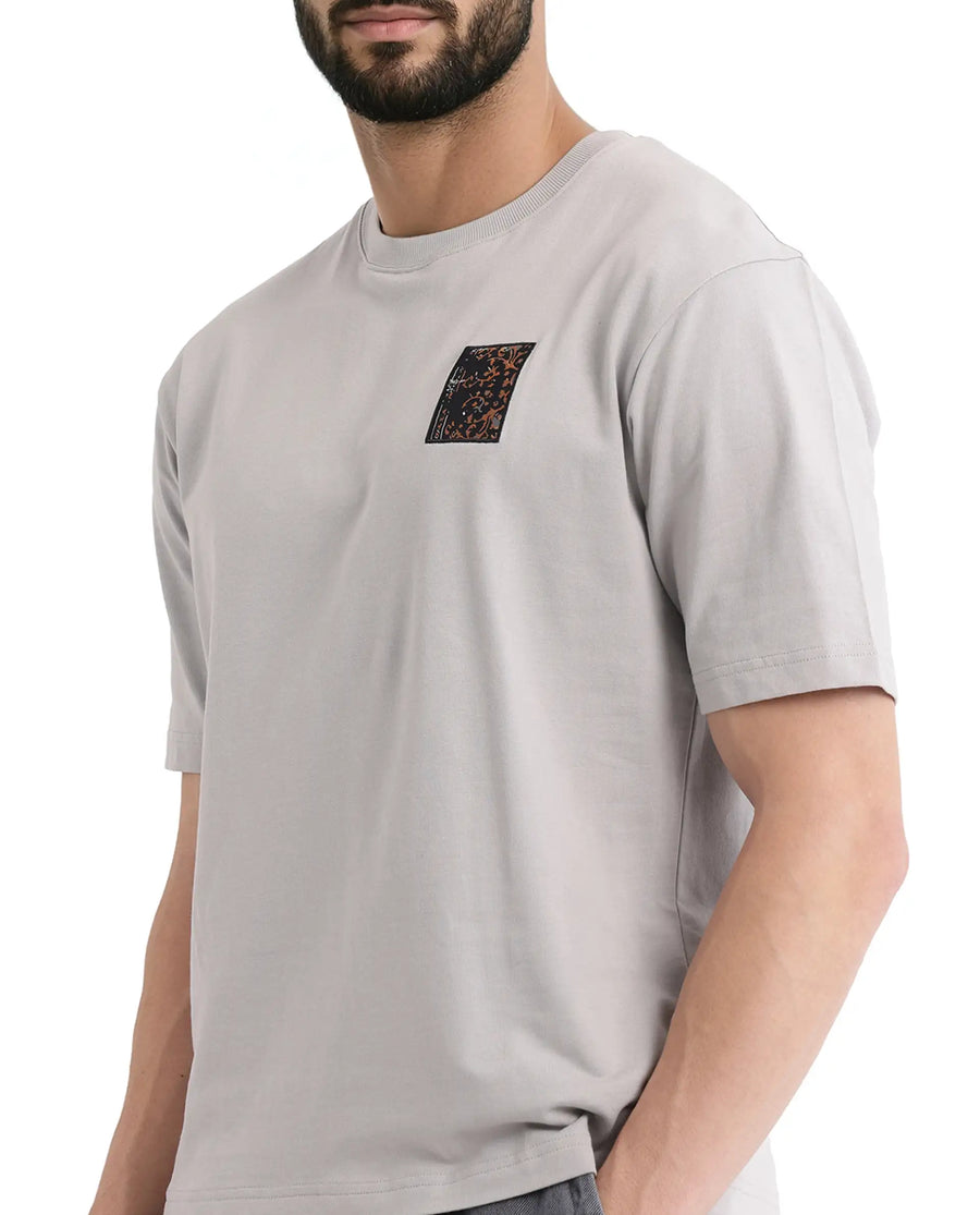 Rare Rabbit Men's Rugy Grey Cotton Graphic Print Qlo Fit Half Sleeve Crew Neck T-Shirt
