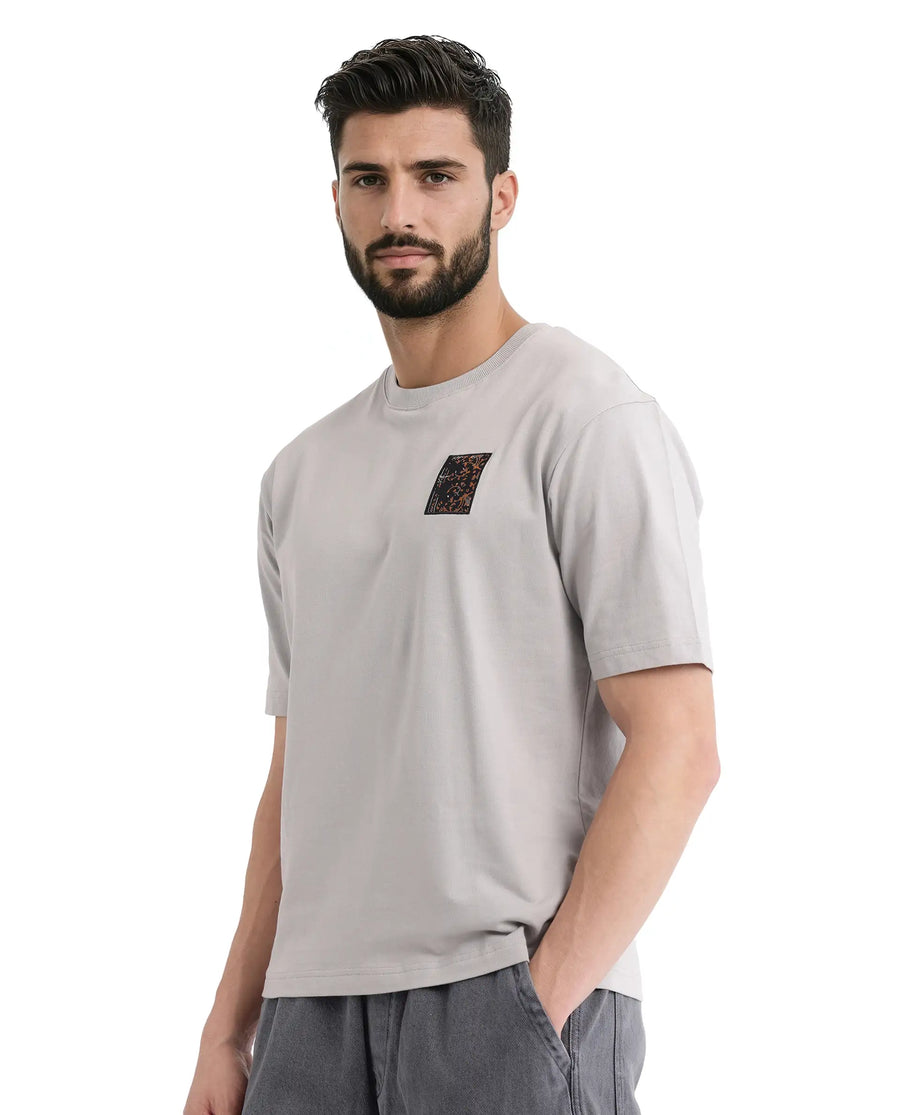 Rare Rabbit Men's Rugy Grey Cotton Graphic Print Qlo Fit Half Sleeve Crew Neck T-Shirt