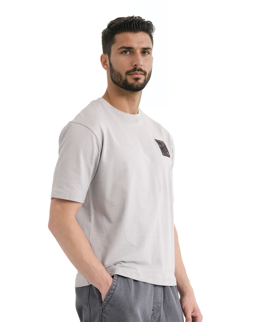 Rare Rabbit Men's Rugy Grey Cotton Graphic Print Qlo Fit Half Sleeve Crew Neck T-Shirt