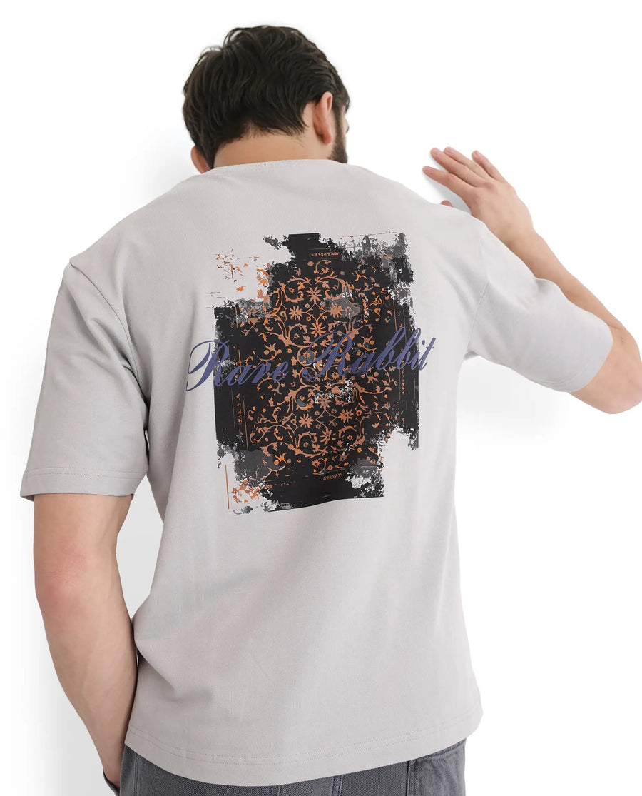 Rare Rabbit Men's Rugy Grey Cotton Graphic Print Qlo Fit Half Sleeve Crew Neck T-Shirt