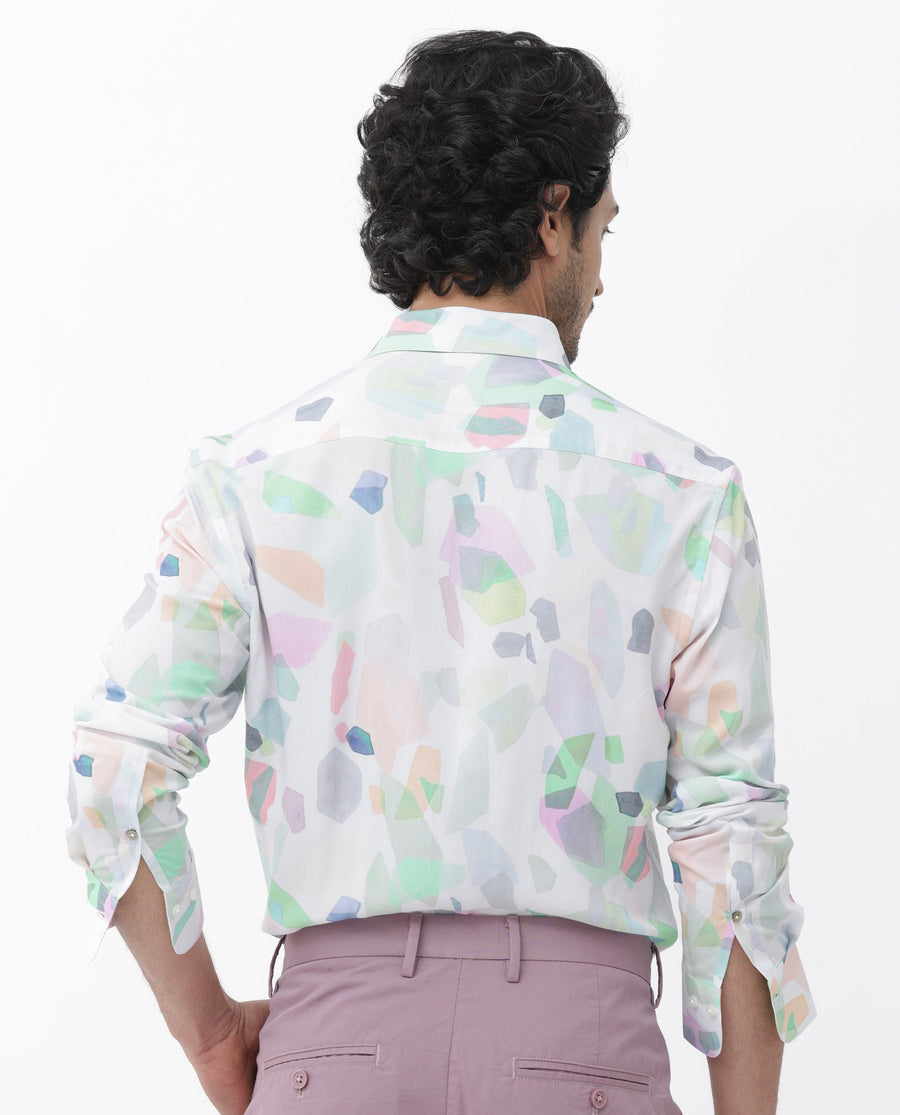Rare Rabbit Men's Rumelo Off White Viscose Blend Abstract Print Regular Fit Full Sleeve Collared Shirt