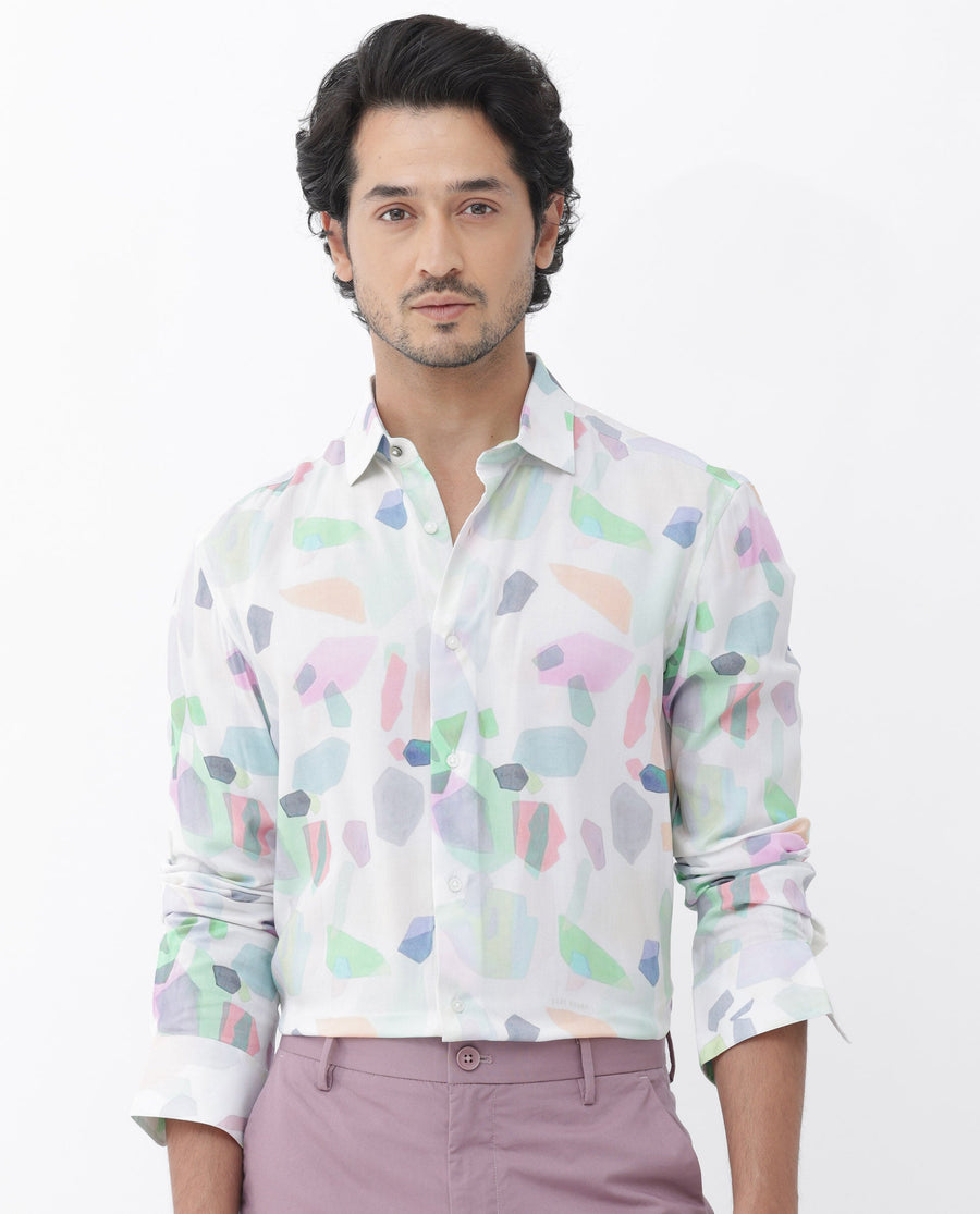 Rare Rabbit Men's Rumelo Off White Viscose Blend Abstract Print Regular Fit Full Sleeve Collared Shirt