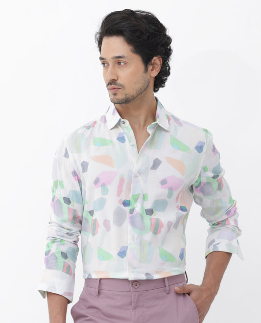 Rare Rabbit Men's Rumelo Off White Viscose Blend Abstract Print Regular Fit Full Sleeve Collared Shirt