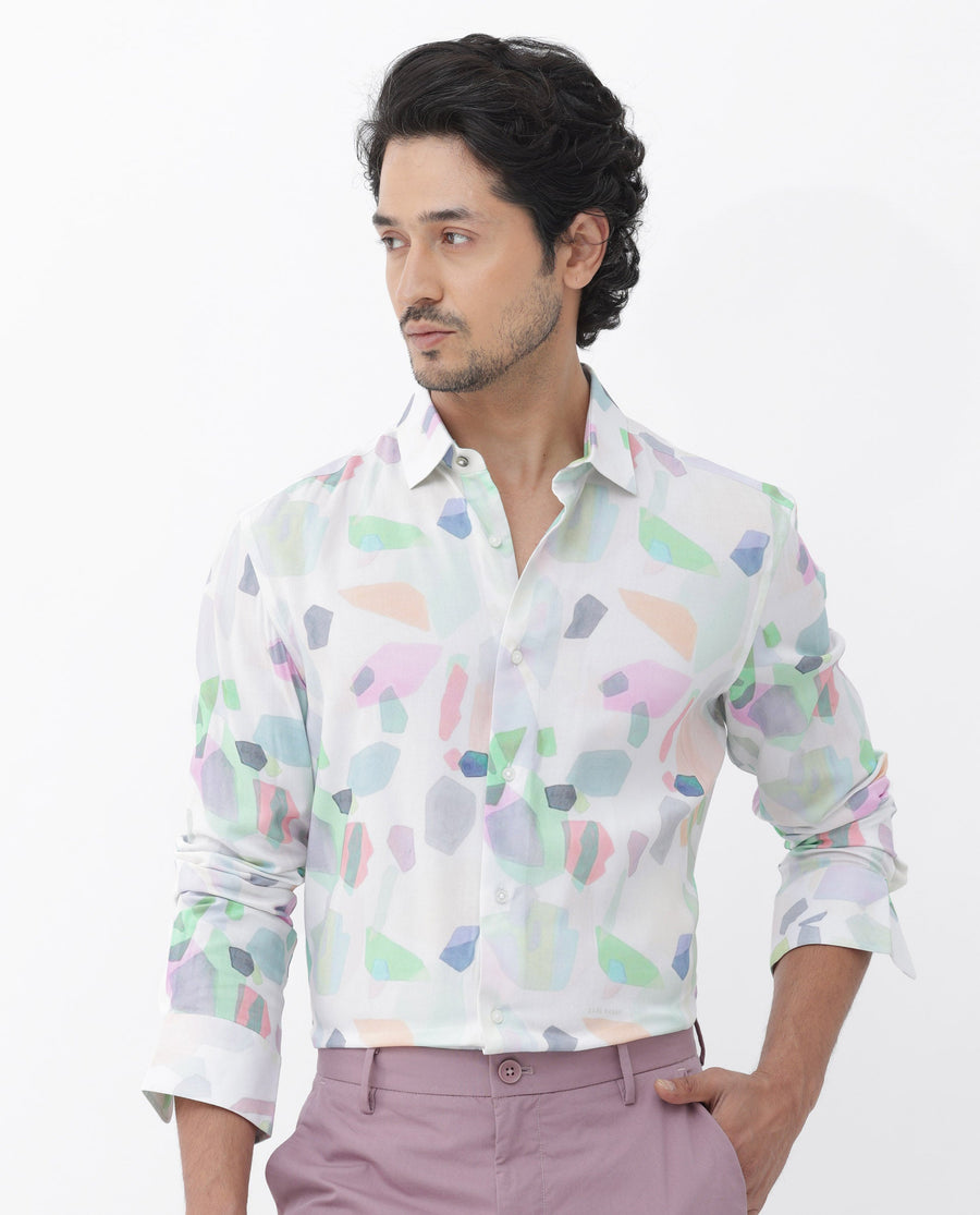 Rare Rabbit Men's Rumelo Off White Viscose Blend Abstract Print Regular Fit Full Sleeve Collared Shirt