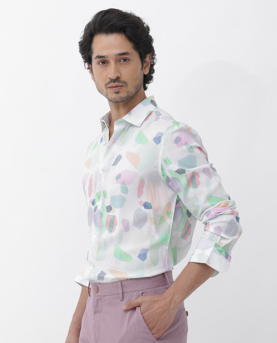 Rare Rabbit Men's Rumelo Off White Viscose Blend Abstract Print Regular Fit Full Sleeve Collared Shirt