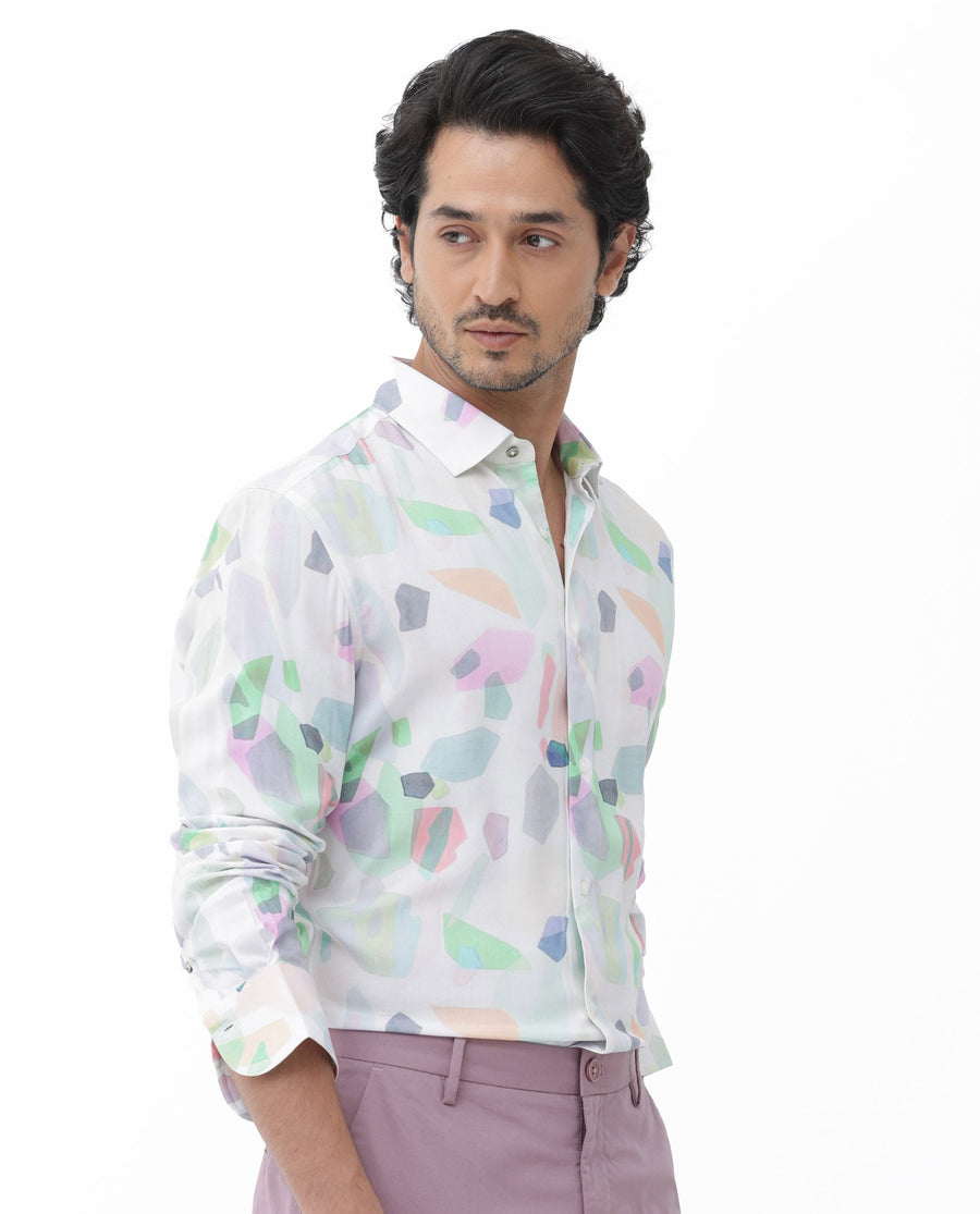 Rare Rabbit Men's Rumelo Off White Viscose Blend Abstract Print Regular Fit Full Sleeve Collared Shirt