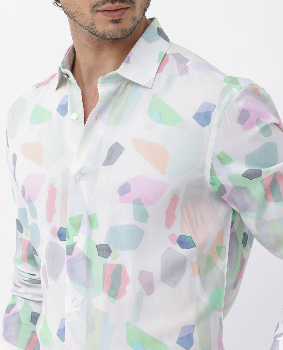 Rare Rabbit Men's Rumelo Off White Viscose Blend Abstract Print Regular Fit Full Sleeve Collared Shirt