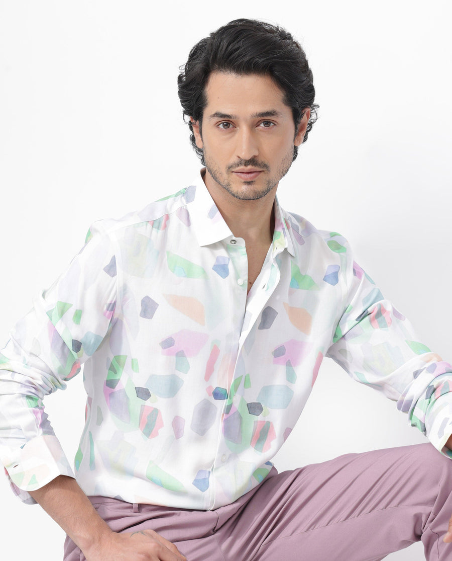 Rare Rabbit Men's Rumelo Off White Viscose Blend Abstract Print Regular Fit Full Sleeve Collared Shirt