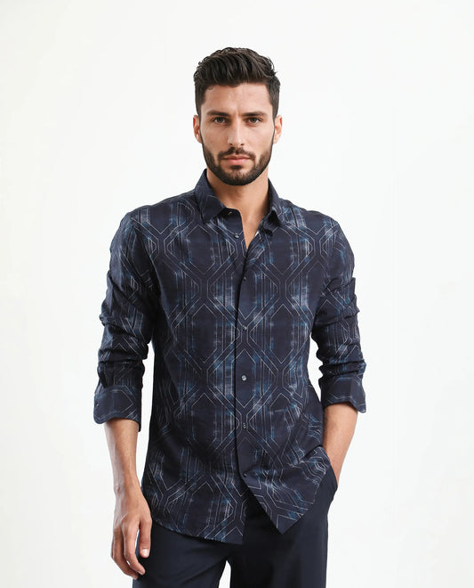 Rare Rabbit Men's Rumi Dark Navy Viscose Blend Geometric Print Regular Fit Full Sleeve Collared Shirt