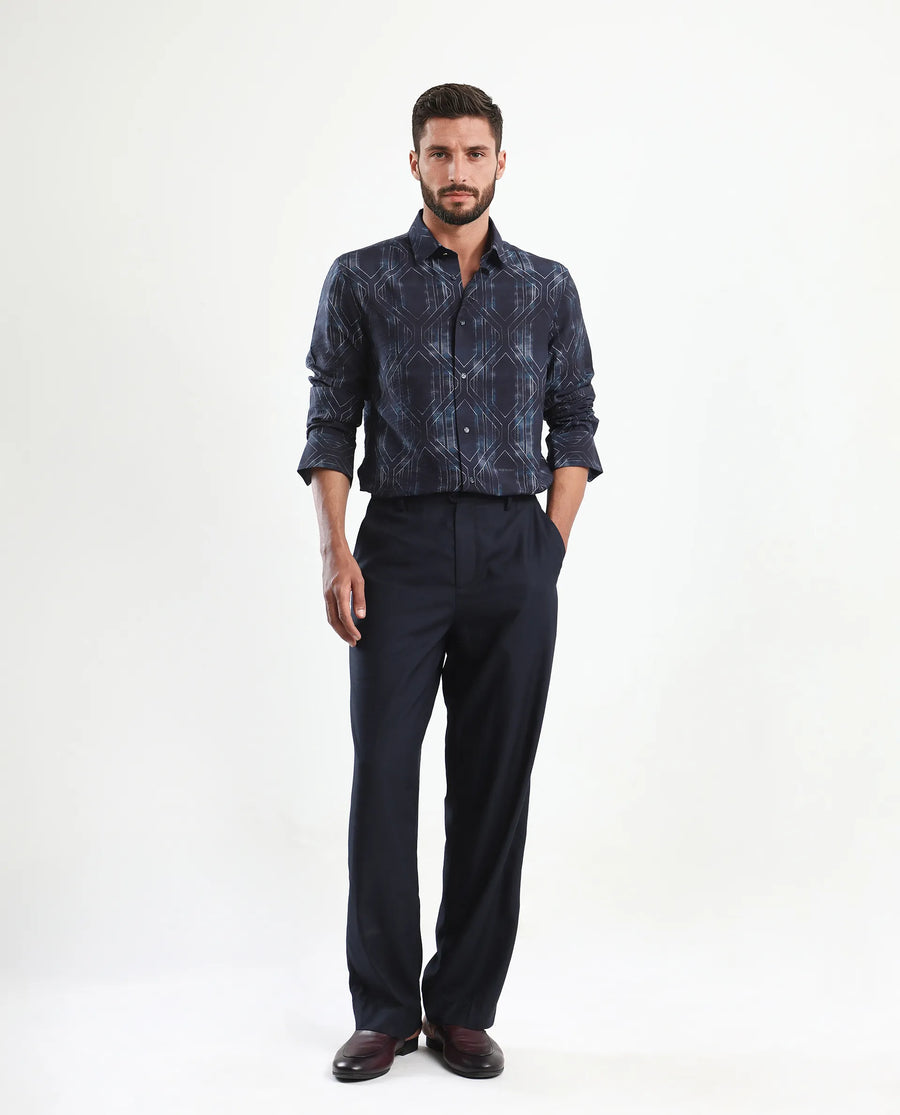 Rare Rabbit Men's Rumi Dark Navy Viscose Blend Geometric Print Regular Fit Full Sleeve Collared Shirt