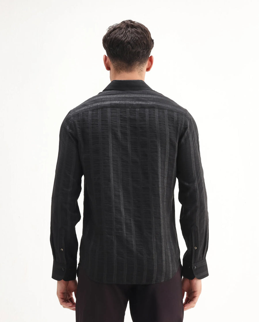 Rare Rabbit Men's Runek-25 Black Polyester Striped Print Regular Fit Full Sleeve Collared Shirt