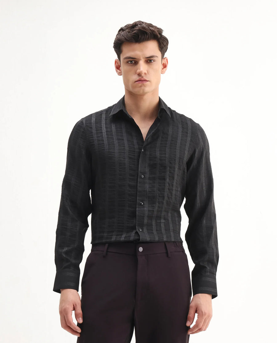 Rare Rabbit Men's Runek-25 Black Polyester Striped Print Regular Fit Full Sleeve Collared Shirt