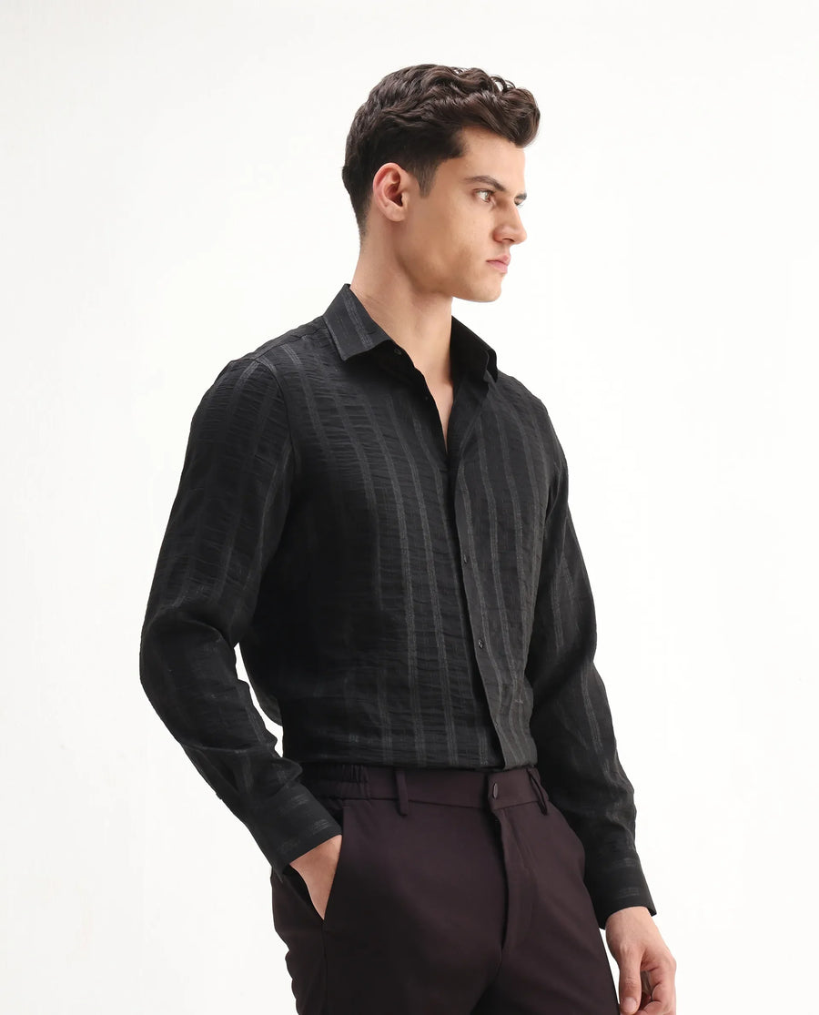 Rare Rabbit Men's Runek-25 Black Polyester Striped Print Regular Fit Full Sleeve Collared Shirt