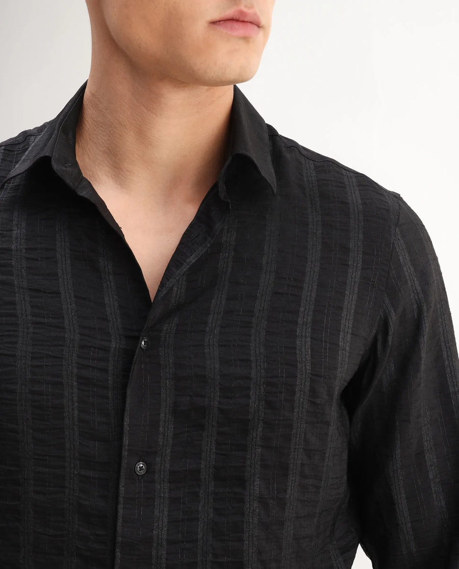 Rare Rabbit Men's Runek-25 Black Polyester Striped Print Regular Fit Full Sleeve Collared Shirt