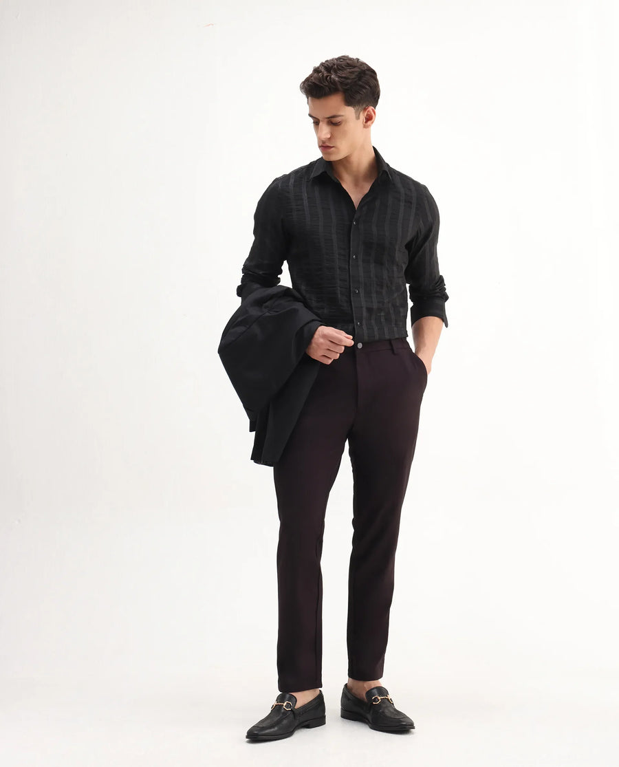 Rare Rabbit Men's Runek-25 Black Polyester Striped Print Regular Fit Full Sleeve Collared Shirt