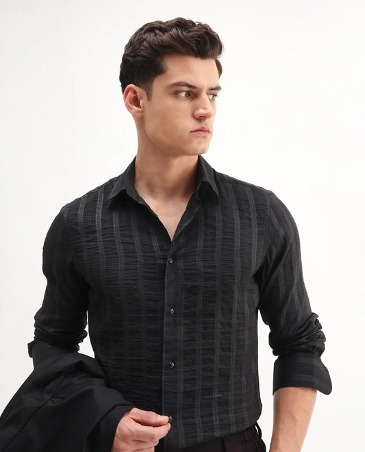 Rare Rabbit Men's Runek-25 Black Polyester Striped Print Regular Fit Full Sleeve Collared Shirt