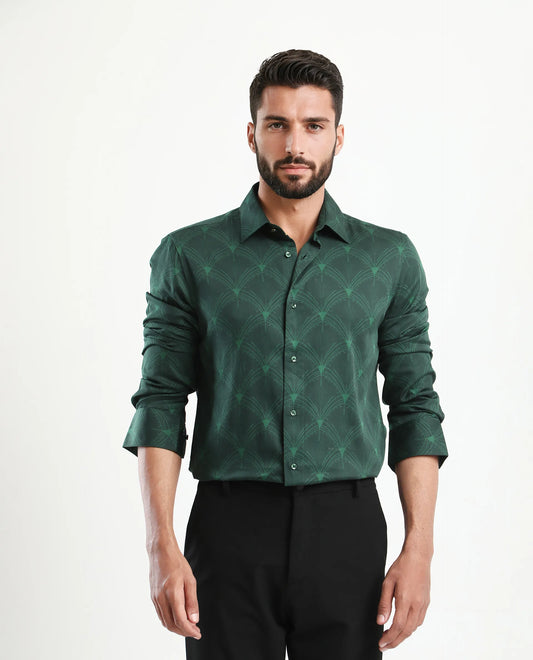 Rare Rabbit Men's Runi Green Cotton Blend Decorative Print Regular Fit Full Sleeve Collared Shirt