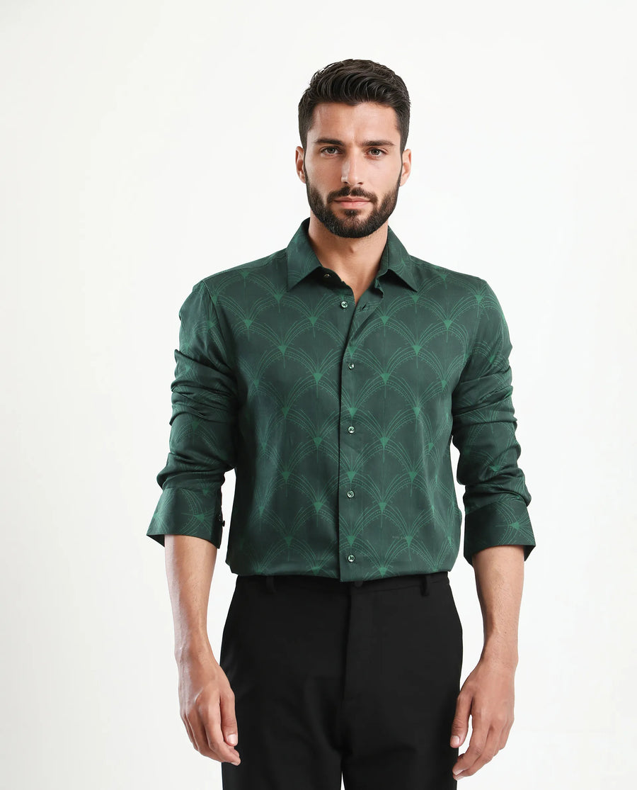 Rare Rabbit Men's Runi Green Cotton Blend Decorative Print Regular Fit Full Sleeve Collared Shirt