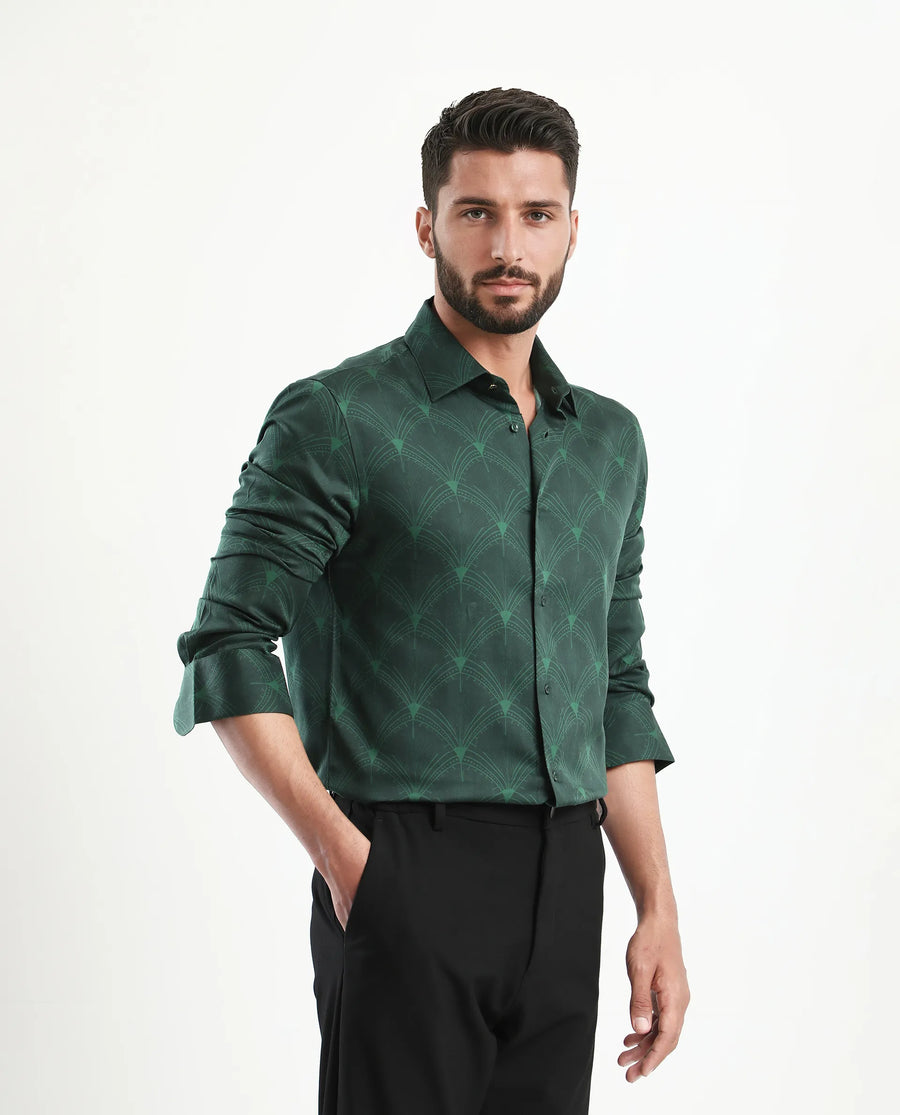 Rare Rabbit Men's Runi Green Cotton Blend Decorative Print Regular Fit Full Sleeve Collared Shirt