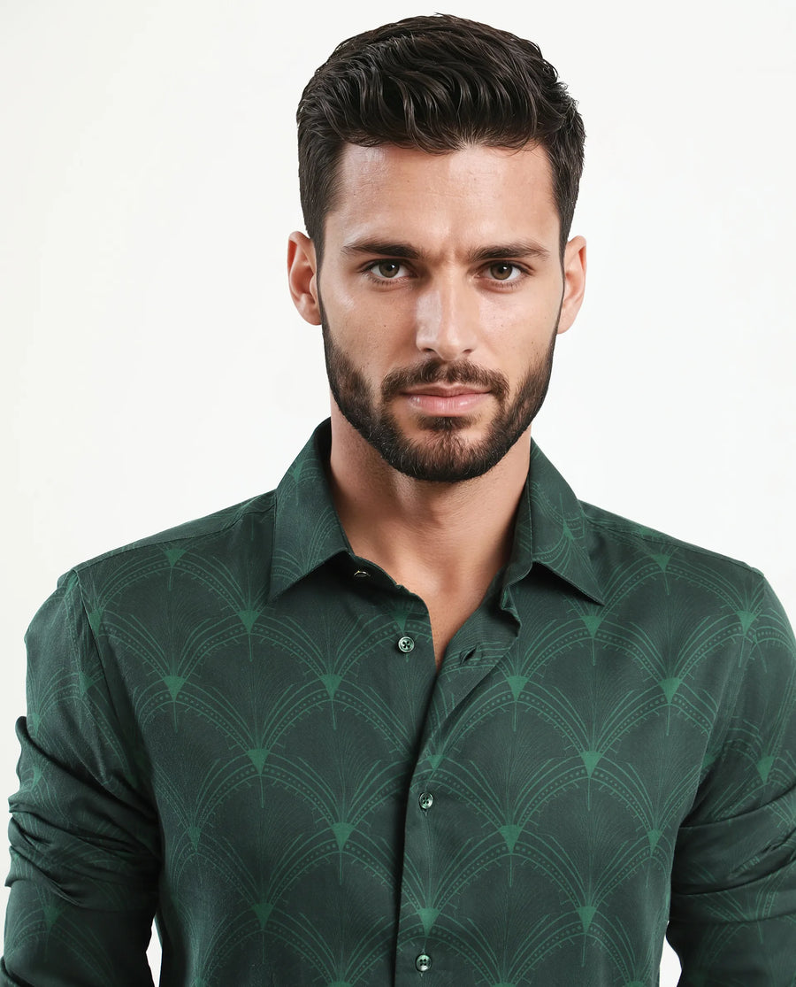 Rare Rabbit Men's Runi Green Cotton Blend Decorative Print Regular Fit Full Sleeve Collared Shirt