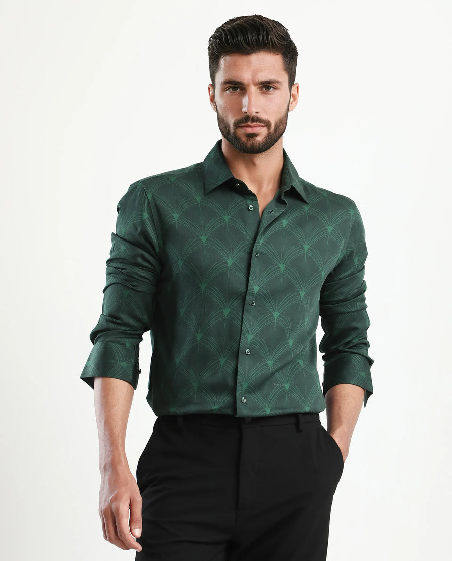 Rare Rabbit Men's Runi Green Cotton Blend Decorative Print Regular Fit Full Sleeve Collared Shirt
