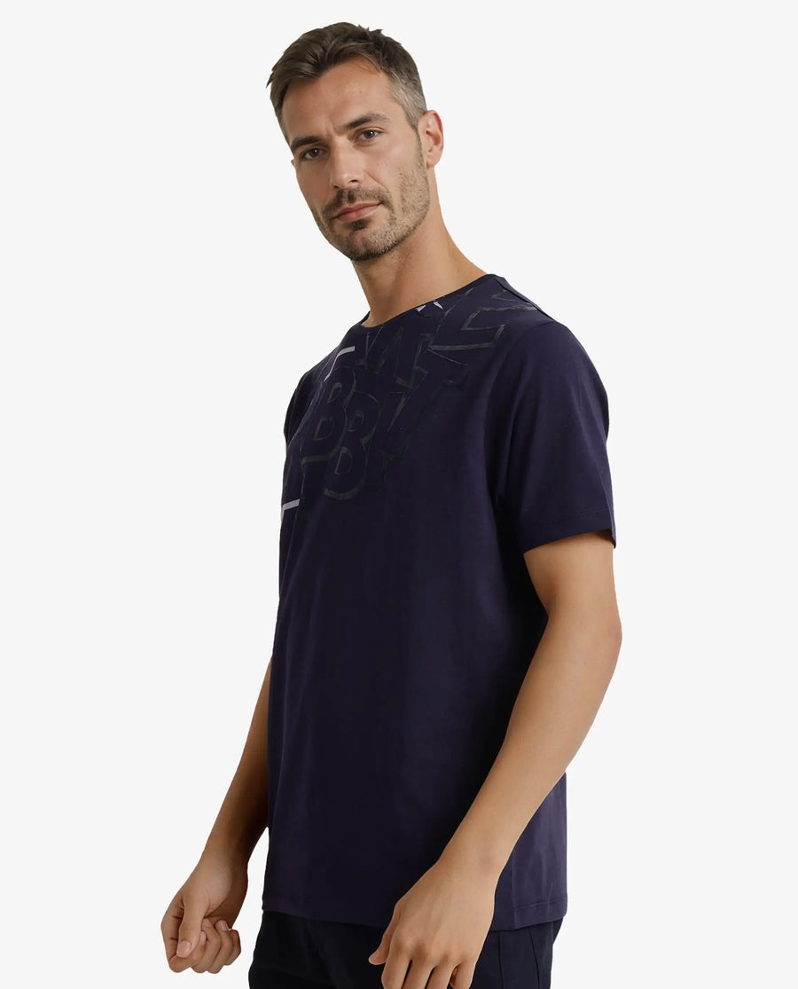 Rare Rabbit Men's Runi Navy Cotton Blend Graphic Print Regular Fit Half Sleeve Crew Neck T-Shirt