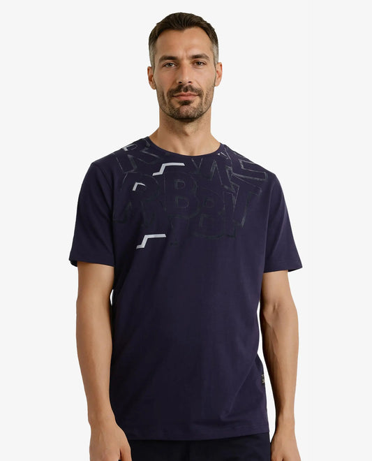 Rare Rabbit Men's Runi Navy Cotton Blend Graphic Print Regular Fit Half Sleeve Crew Neck T-Shirt