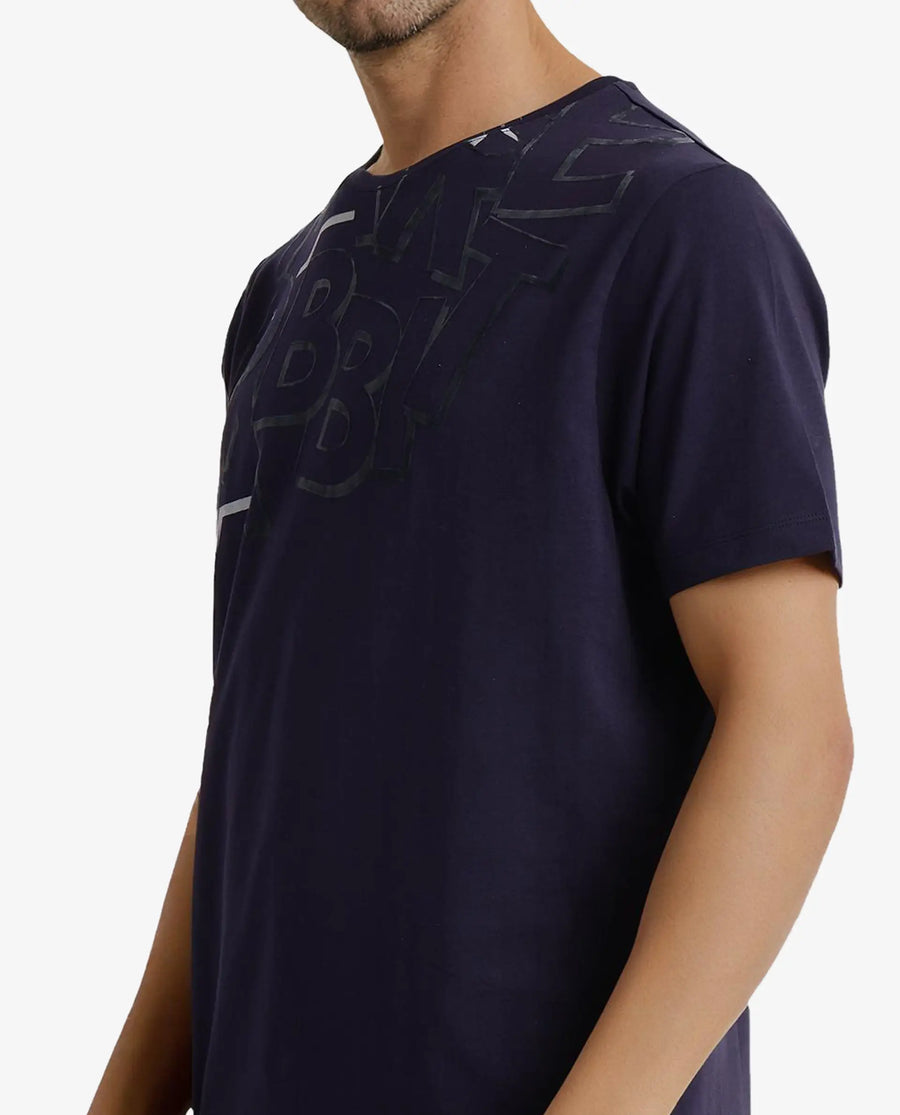 Rare Rabbit Men's Runi Navy Cotton Blend Graphic Print Regular Fit Half Sleeve Crew Neck T-Shirt