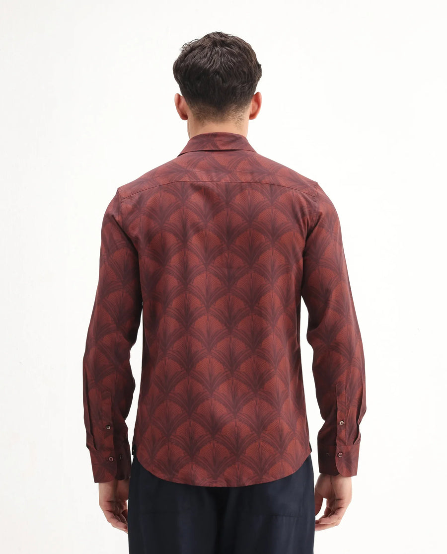 Rare Rabbit Men's Runi Red Cotton Blend Decorative Print Regular Fit Full Sleeve Collared Shirt