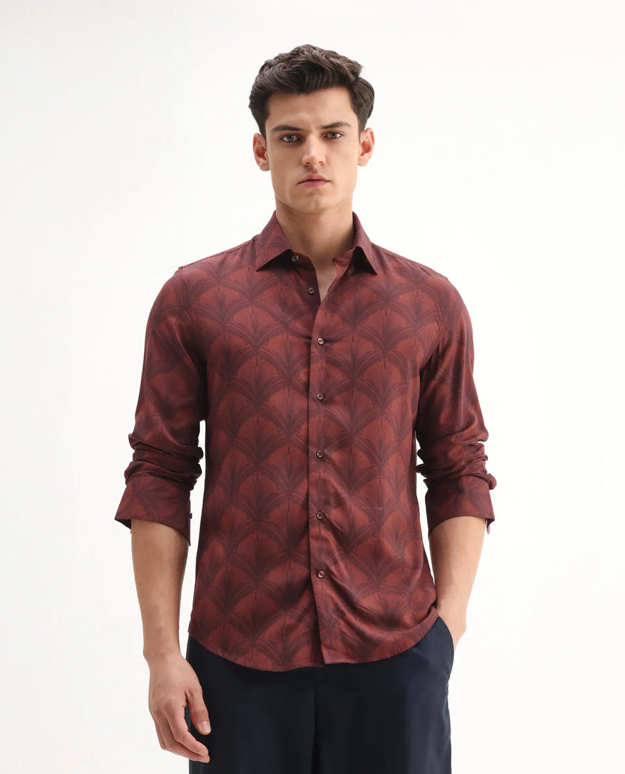 Rare Rabbit Men's Runi Red Cotton Blend Decorative Print Regular Fit Full Sleeve Collared Shirt