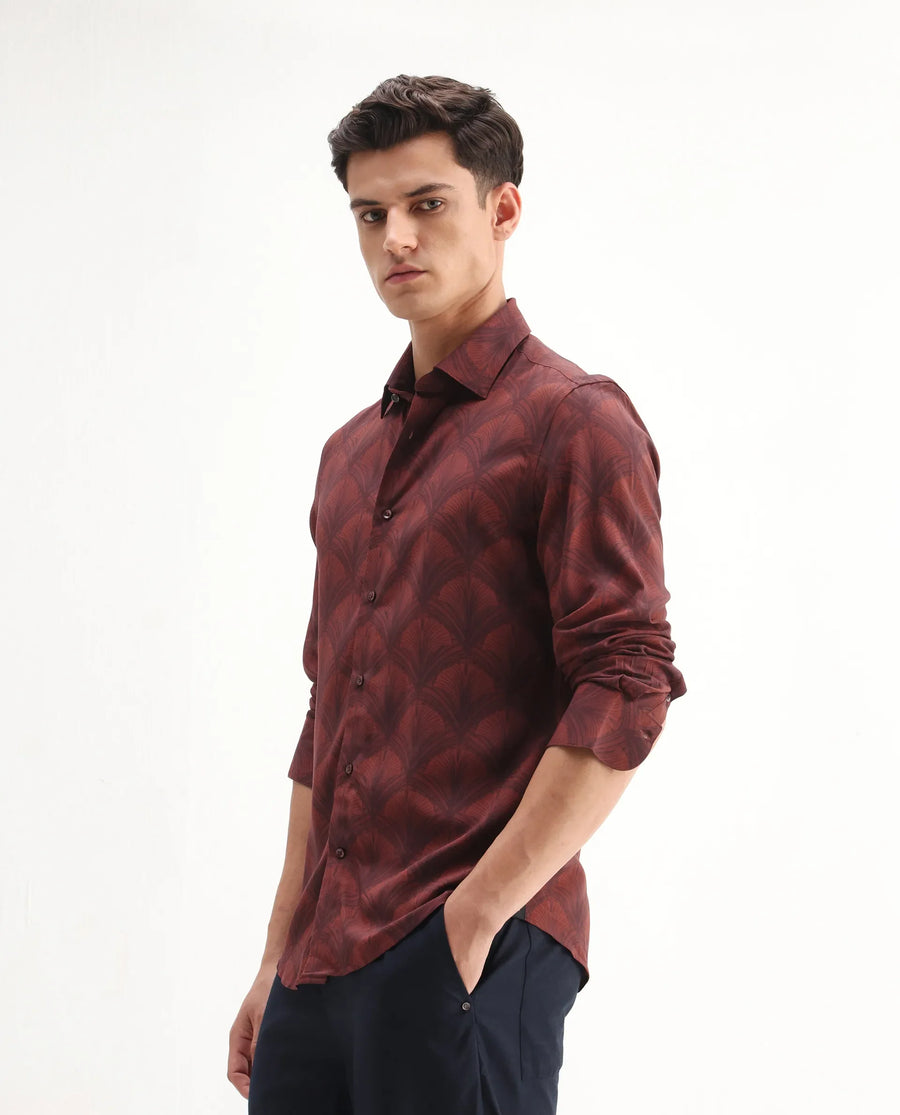 Rare Rabbit Men's Runi Red Cotton Blend Decorative Print Regular Fit Full Sleeve Collared Shirt