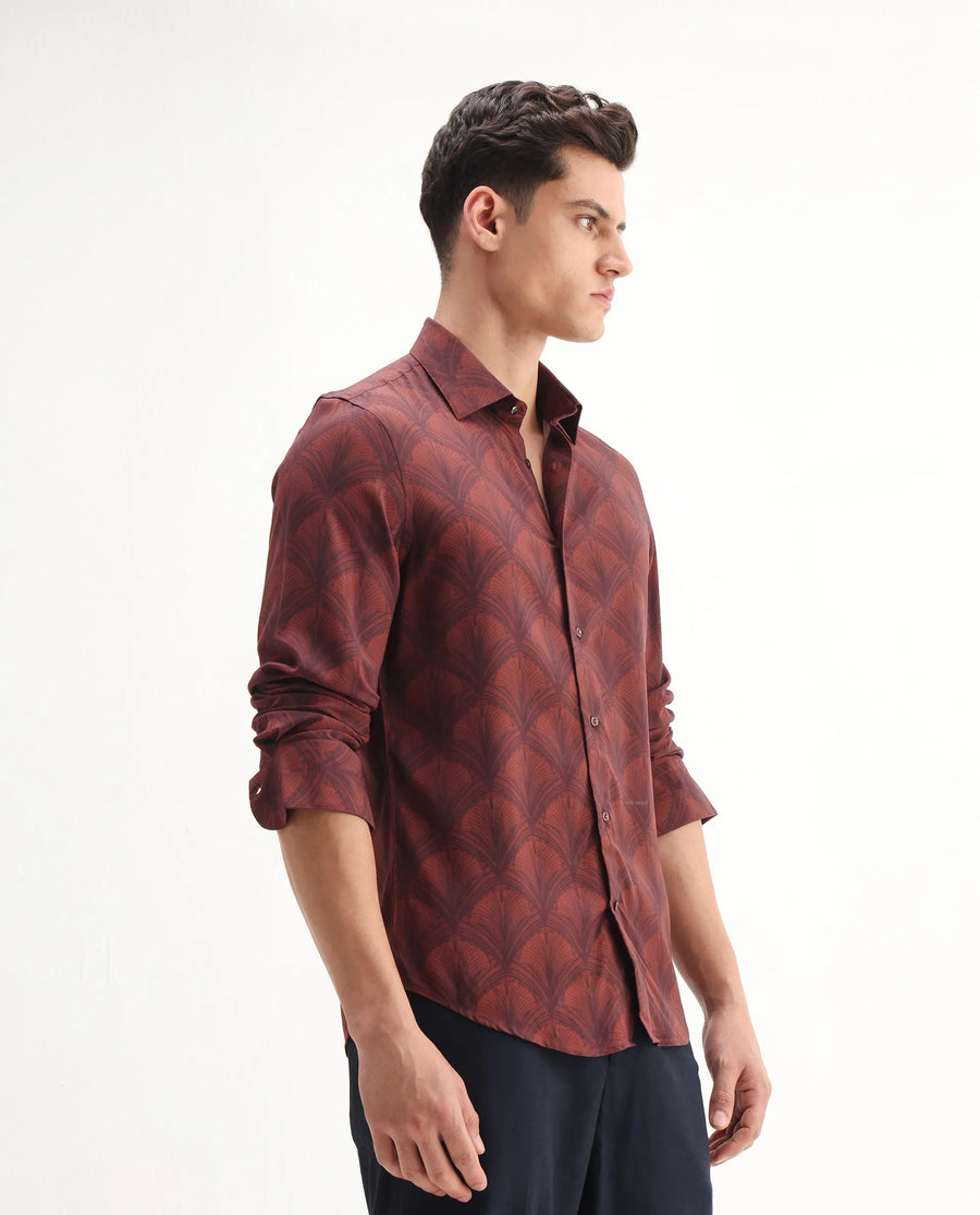 Rare Rabbit Men's Runi Red Cotton Blend Decorative Print Regular Fit Full Sleeve Collared Shirt