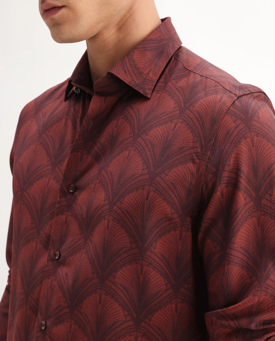 Rare Rabbit Men's Runi Red Cotton Blend Decorative Print Regular Fit Full Sleeve Collared Shirt
