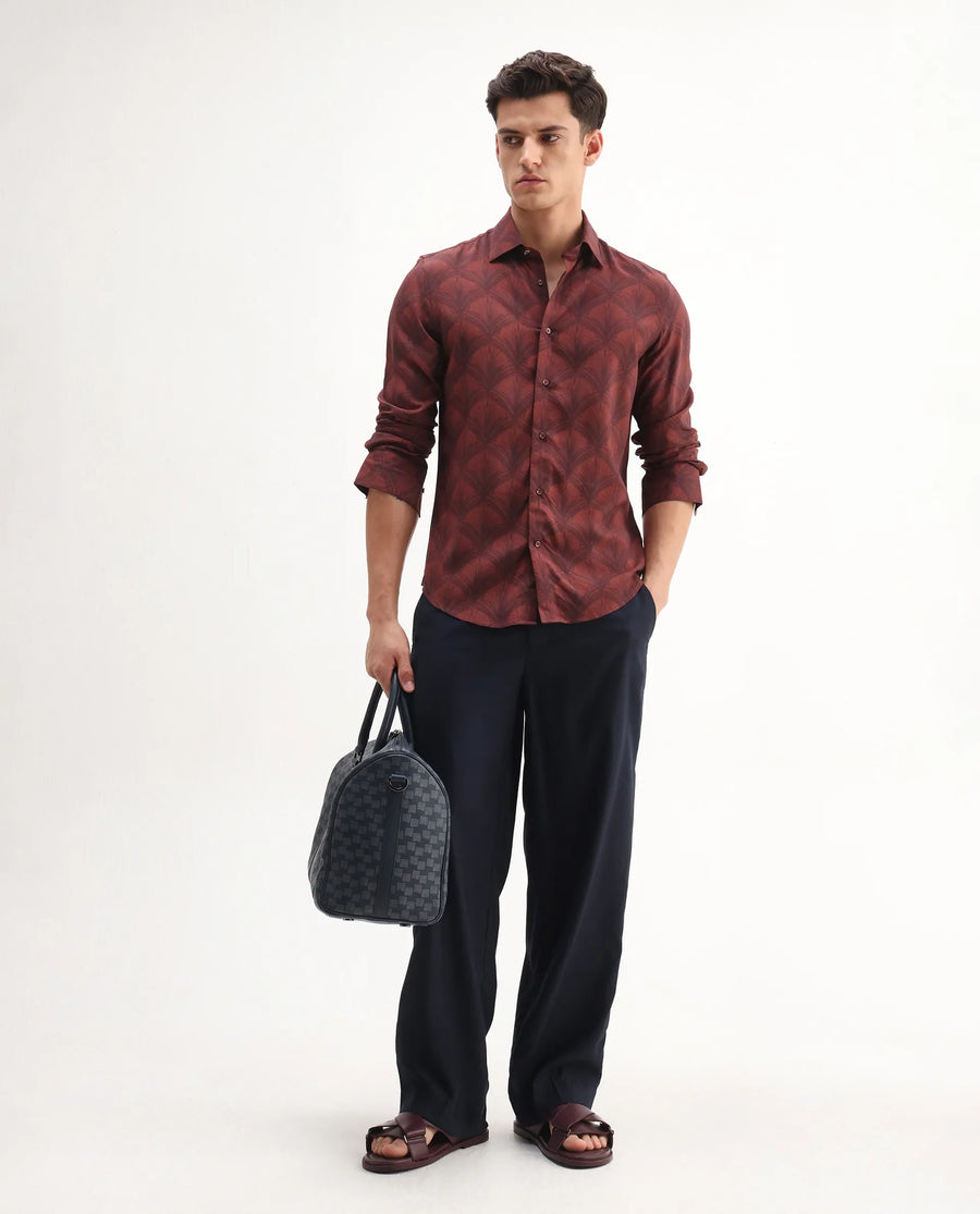 Rare Rabbit Men's Runi Red Cotton Blend Decorative Print Regular Fit Full Sleeve Collared Shirt