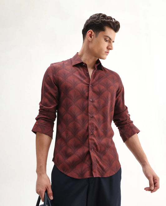 Rare Rabbit Men's Runi Red Cotton Blend Decorative Print Regular Fit Full Sleeve Collared Shirt