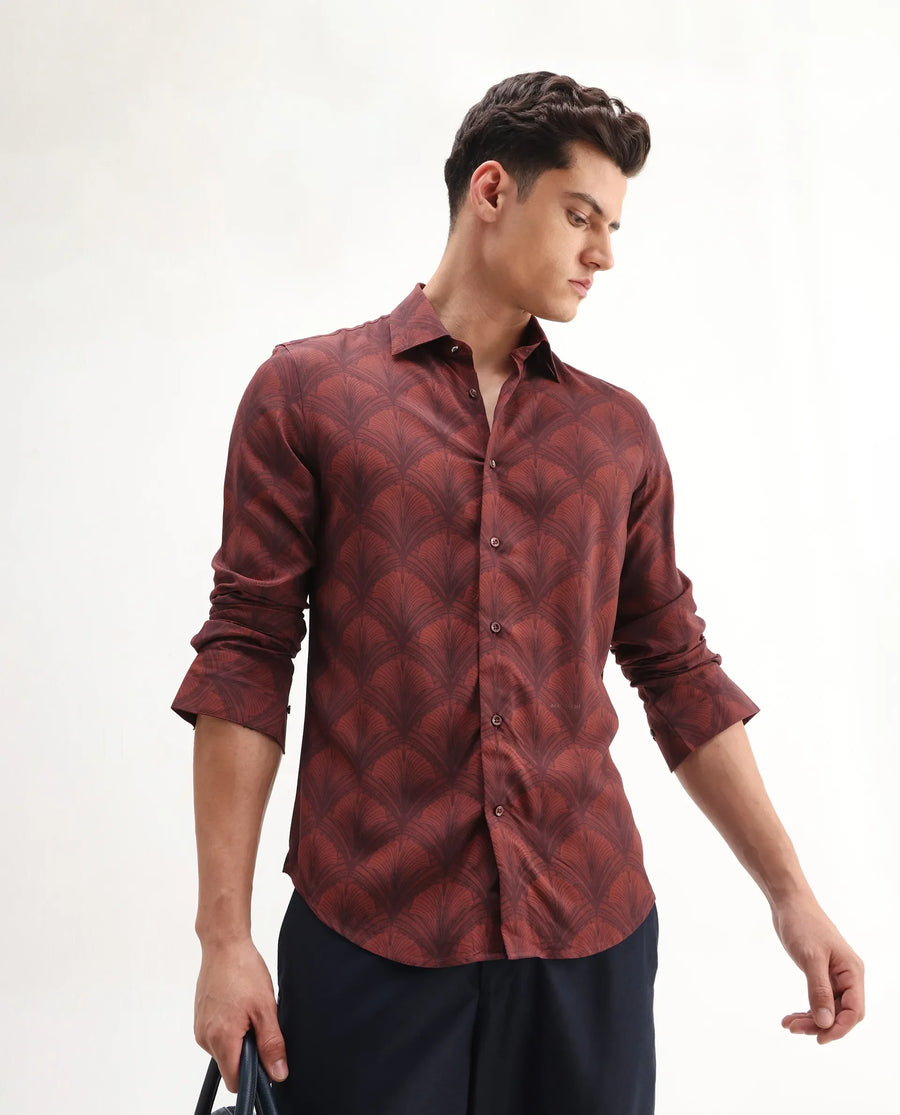 Rare Rabbit Men's Runi Red Cotton Blend Decorative Print Regular Fit Full Sleeve Collared Shirt