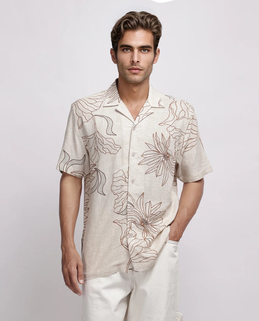 Rare Rabbit Men's Rustel Khaki Cotton Blend Floral Print Relaxed Fit Half Sleeve Cuban Collar Shirt